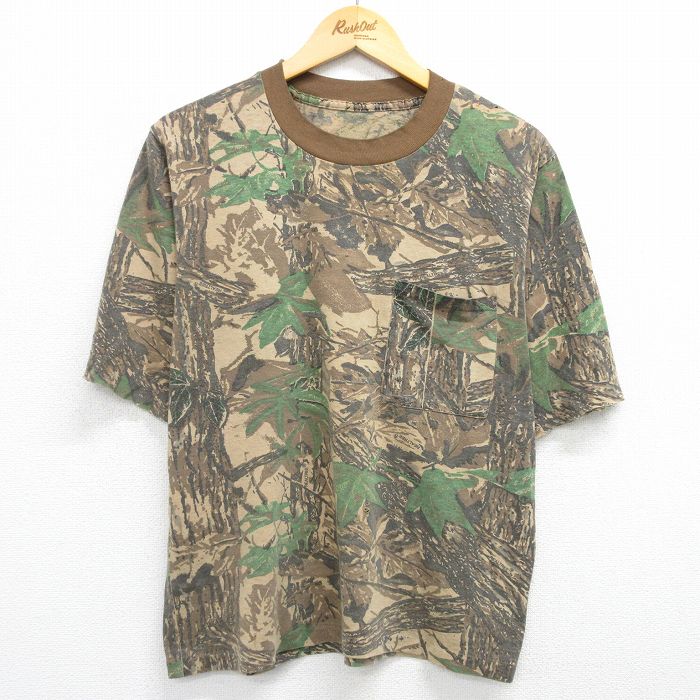 L★古着 半袖 ビンテージ Tシャツ メンズ 80年代 80s リアルツリー ボロ 胸ポケット付き クルーネック 茶他 ブラウン 迷彩 25may30 中古