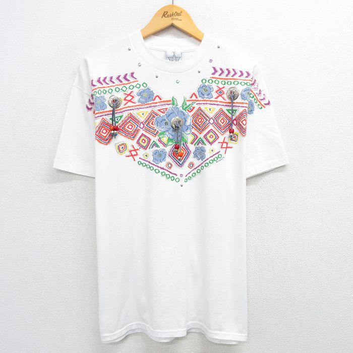 XL★古着 半袖 ビンテージ Tシャツ メンズ 90年代 90s 花 クルーネック USA製 白 ホワイト 25may30 中古