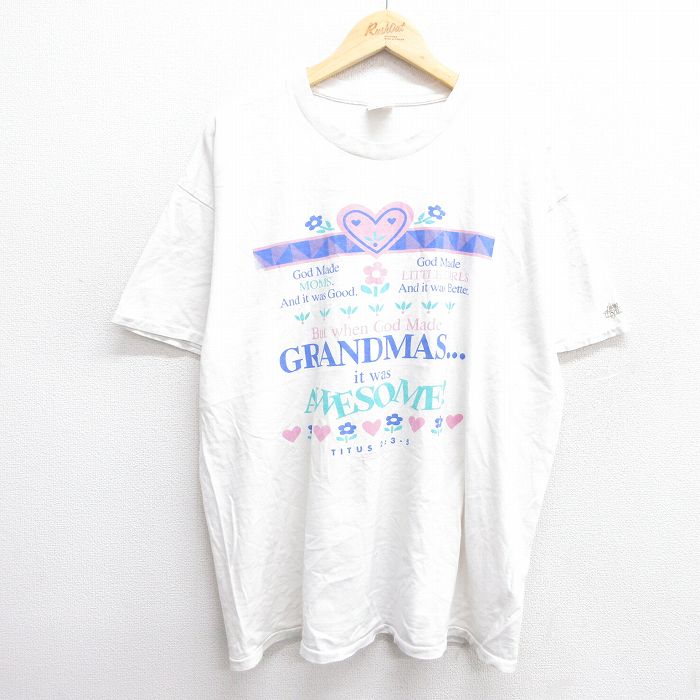 XL★古着 半袖 ビンテージ Tシャツ メンズ 90年代 90s 花 ハート GRANDMAS 大きいサイズ コットン クルーネック 白 ホワイト 25may31 中古