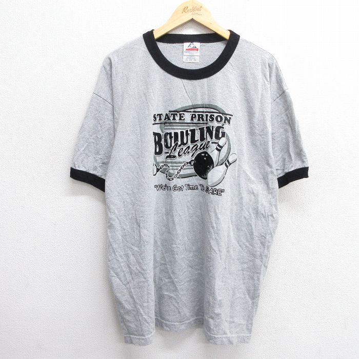 XL★古着 半袖 ビンテージ Tシャツ メンズ 00年代 00s ボウリング 大きいサイズ クルーネック グレー 霜降り リンガー 25may31 中古