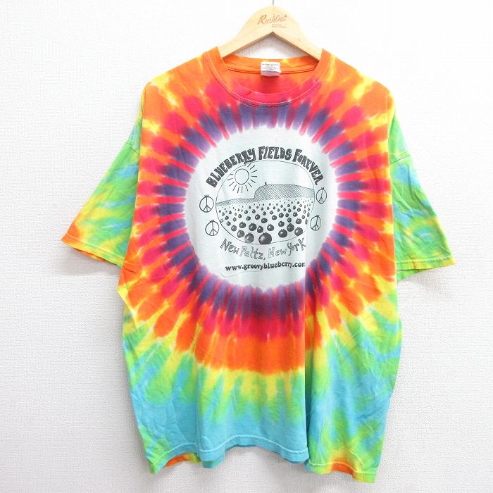XL★古着 半袖 ビンテージ Tシャツ メンズ 00年代 00s ブルーベリー 大きいサイズ コットン クルーネック オレンジ他 タイダイ 25may31 中古