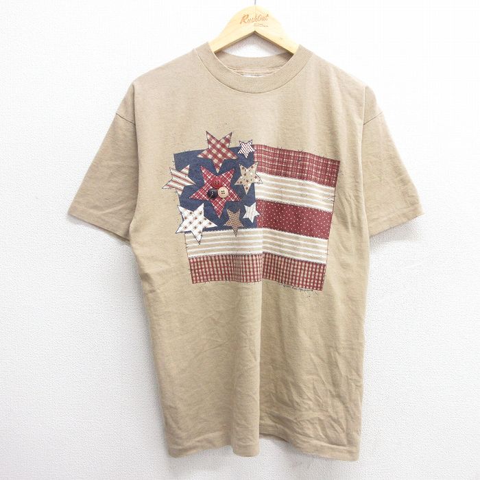 L★古着 半袖 ビンテージ Tシャツ メンズ 90年代 90s 星条旗 コットン クルーネック USA製 ベージュ カーキ 霜降り 25may31 中古