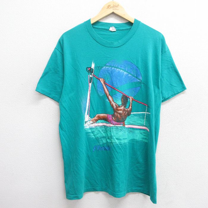 XL★古着 半袖 ビンテージ Tシャツ メンズ 80年代 80s サーフィン クルーネック USA製 青緑 25may31 中古