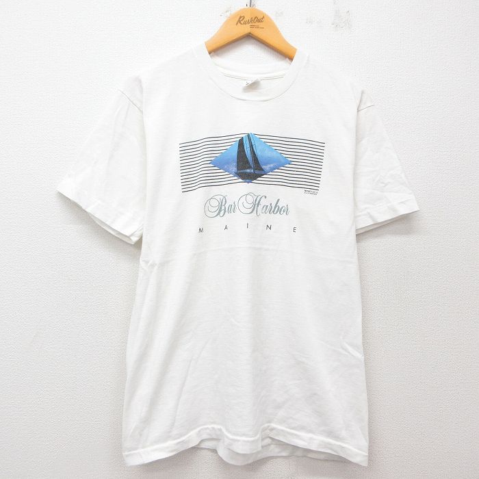 【50%OFF】L★古着 フルーツオブザルーム 半袖 ビンテージ Tシャツ メンズ 90年代 90s ヨット コットン クルーネック USA製 白 ホワイト 25may31 中古