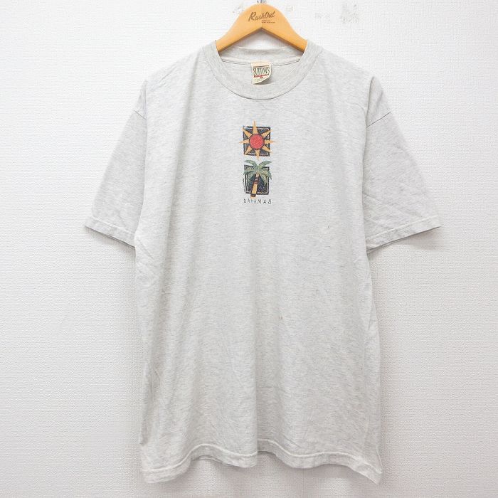 XL★古着 半袖 ビンテージ Tシャツ メンズ 90年代 90s 太陽 ヤシの木 大きいサイズ コットン クルーネック USA製 薄グレー 霜降り 25may31 中古