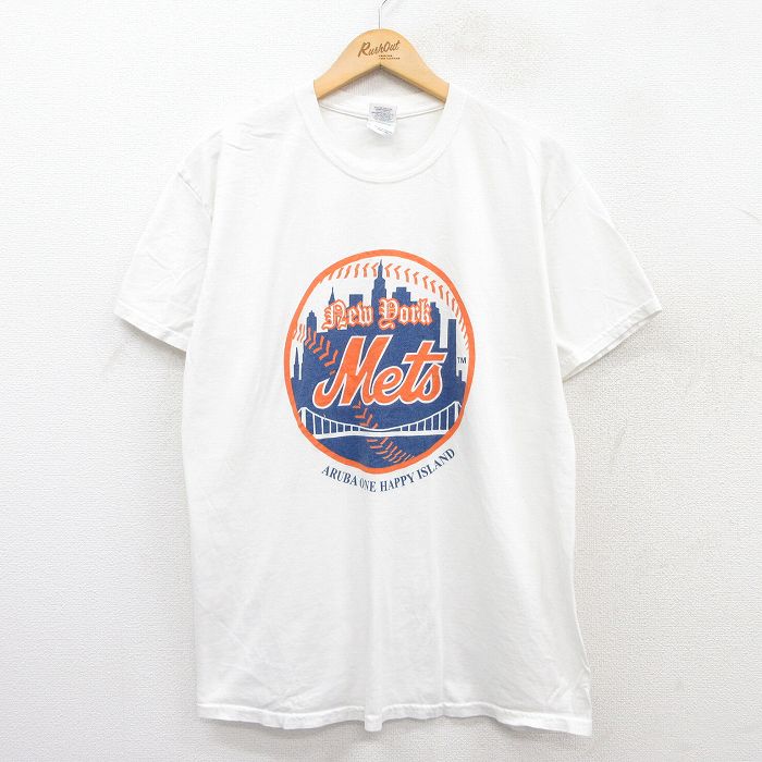 L★古着 半袖 ビンテージ Tシャツ メンズ 00年代 00s MLB ニューヨークメッツ コットン クルーネック 白 ホワイト メジャーリーグ ベースボール 野球 25jun02 中古