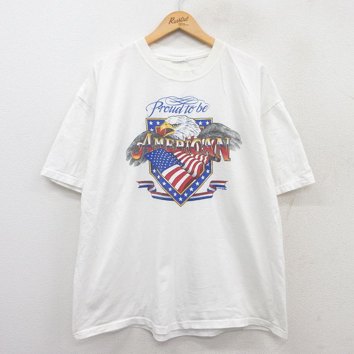 XL★古着 半袖 ビンテージ Tシャツ メンズ 90年代 90s 鳥 アメリカン 星条旗 大きいサイズ クルーネック 白 ホワイト 25jun02 中古