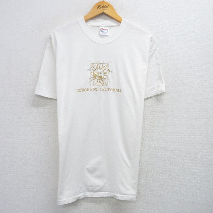 XL★古着 ヘインズ Hanes 半袖 ビンテージ Tシャツ メンズ 00年代 00s 太陽 刺繍 コットン クルーネック 白 ホワイト 25jun02 中古