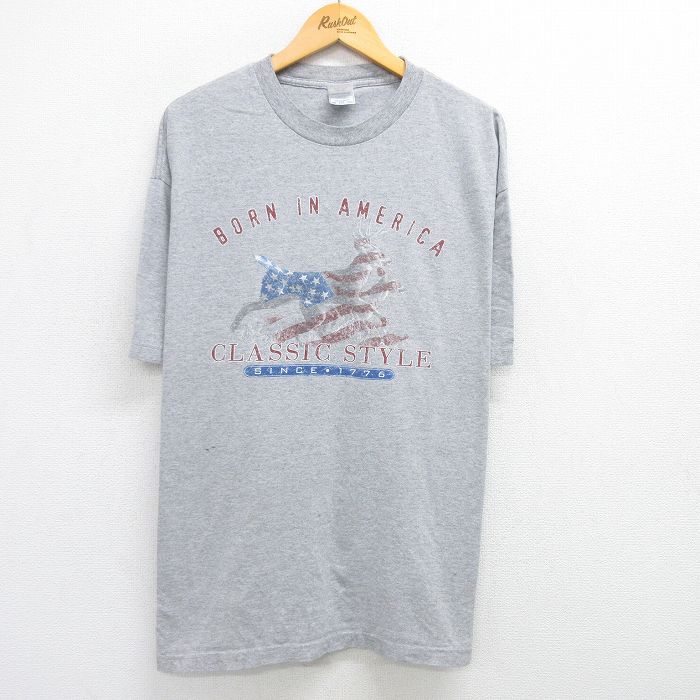 XL★古着 半袖 ビンテージ Tシャツ メンズ 00年代 00s 星条旗 シカ 大きいサイズ クルーネック グレー 霜降り 25jun02 中古