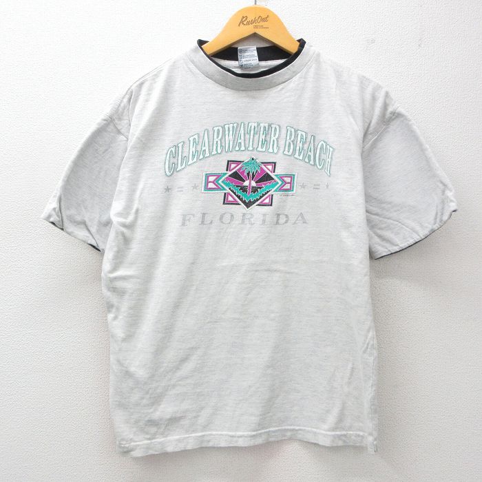 L★古着 半袖 ビンテージ Tシャツ メンズ 90年代 90s クリアウォータービーチ フロリダ コットン クルーネック 薄グレー 霜降り 25jun02 中古