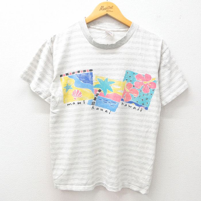 M★古着 半袖 ビンテージ Tシャツ メンズ 90年代 90s ヤシの木 ハイビスカス 貝殻 コットン クルーネック USA製 薄グレー他 ボーダー 25jun02 中古