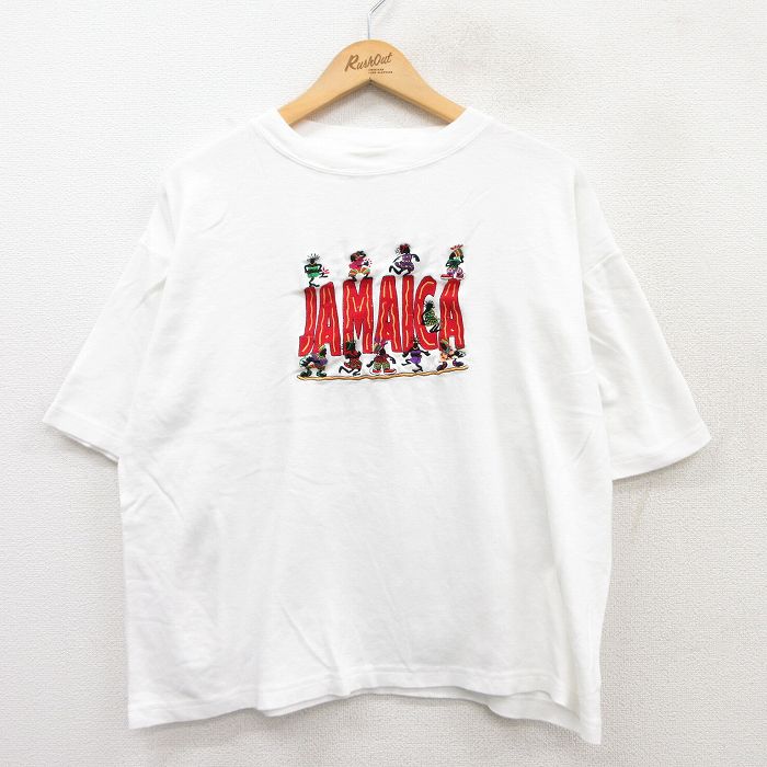 XL★古着 半袖 ビンテージ Tシャツ メンズ 90年代 90s ジャマイカ 刺繍 大きいサイズ コットン クルーネック 白 ホワイト 25jun02 中古