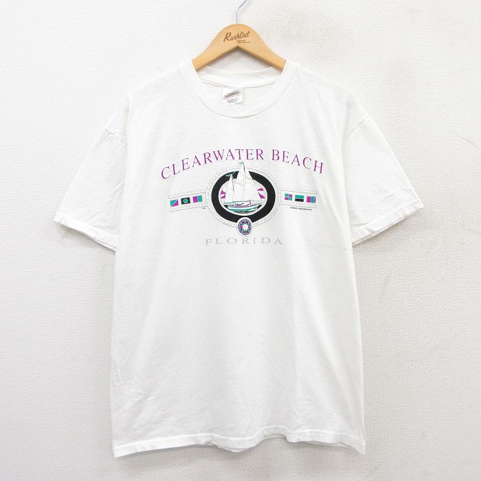 L★古着 ヘインズ Hanes 半袖 ビンテージ Tシャツ メンズ 00年代 00s ヨット クリアウォータービーチ フロリダ コットン クルーネック 白 ホワイト 25jun02 中古
