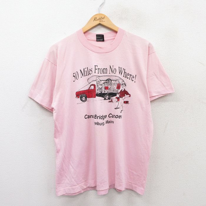 L★古着 フルーツオブザルーム 半袖 ビンテージ Tシャツ メンズ 80年代 80s 車 男性 クルーネック USA製 ピンク 25jun02 中古