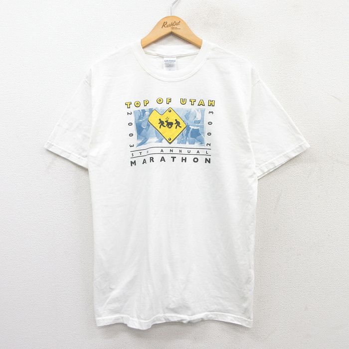L★古着 半袖 ビンテージ Tシャツ メンズ 00年代 00s マラソン 企業広告 コットン クルーネック 白 ホワイト 25jun02 中古