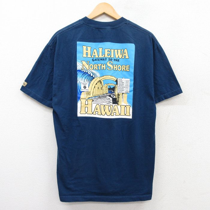 L★古着 半袖 ビンテージ Tシャツ メンズ 90年代 90s ハワイ 橋 ハレイワ コットン クルーネック USA製 紺 ネイビー 25jun02 中古