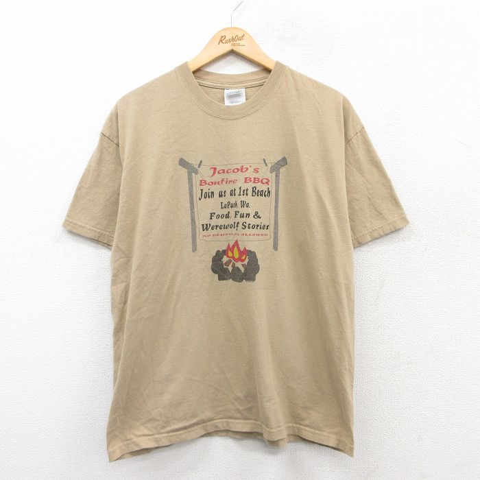 L★古着 半袖 ビンテージ Tシャツ メンズ 00年代 00s 焚き火 コットン クルーネック ベージュ カーキ 25jun02 中古
