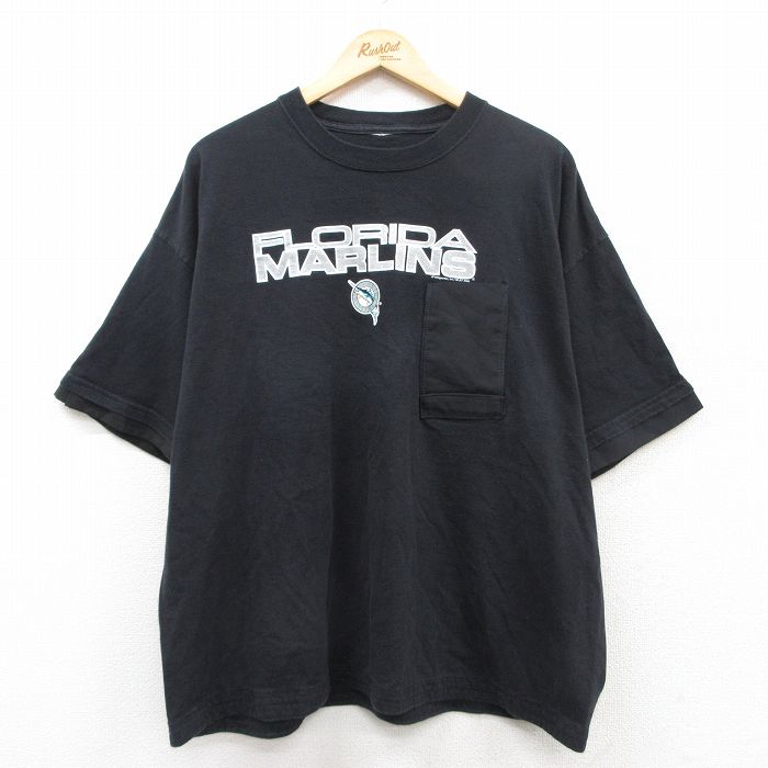XL★古着 半袖 ビンテージ Tシャツ メンズ 00年代 00s MLB フロリダマーリンズ 胸ポケット付き 大きいサイズ クルーネック 黒 ブラック メジャーリーグ ベースボール 野球 25jun02 中古