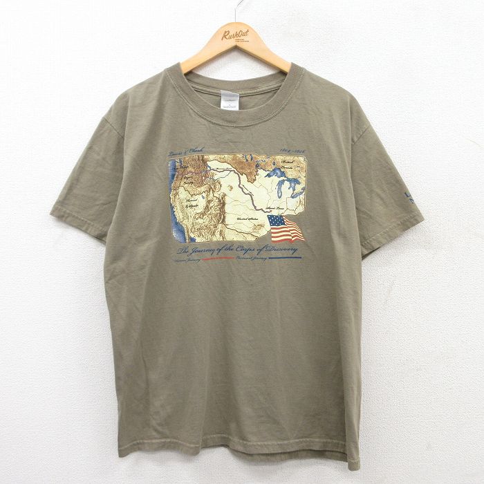 L★古着 半袖 ビンテージ Tシャツ メンズ 00年代 00s 地図 星条旗 コットン クルーネック 濃緑系 グリーン 25jun02 中古