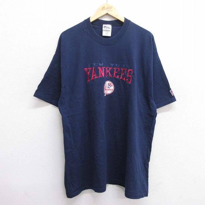 XL★古着 半袖 ビンテージ Tシャツ メンズ 90年代 90s MLB ニューヨークヤンキース 刺繍 ロング丈 コットン クルーネック USA製 紺 ネイビー メジャーリーグ ベースボール 野球 25jun03 中古