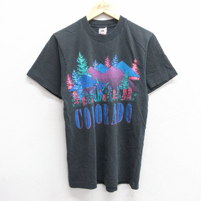 M★古着 フルーツオブザルーム 半袖 ビンテージ Tシャツ メンズ 90年代 90s 花 コロラド コットン クルーネック USA製 黒 ブラック 25jun03 中古