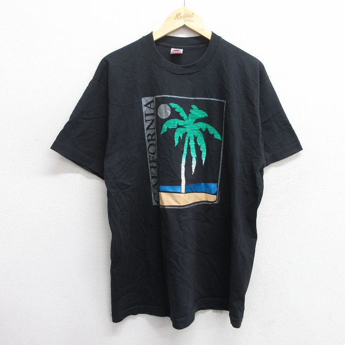 XL★古着 フルーツオブザルーム 半袖 ビンテージ Tシャツ メンズ 90年代 90s ヤシの木 カリフォルニア コットン クルーネック USA製 黒 ブラック 25jun03 中古