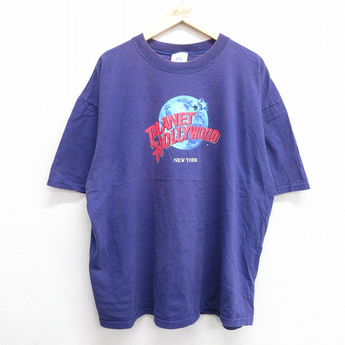XL★古着 半袖 ビンテージ Tシャツ メンズ 90年代 90s プラネットハリウッド ニューヨーク 大きいサイズ コットン クルーネック USA製 紺 ネイビー 25jun03 中古
