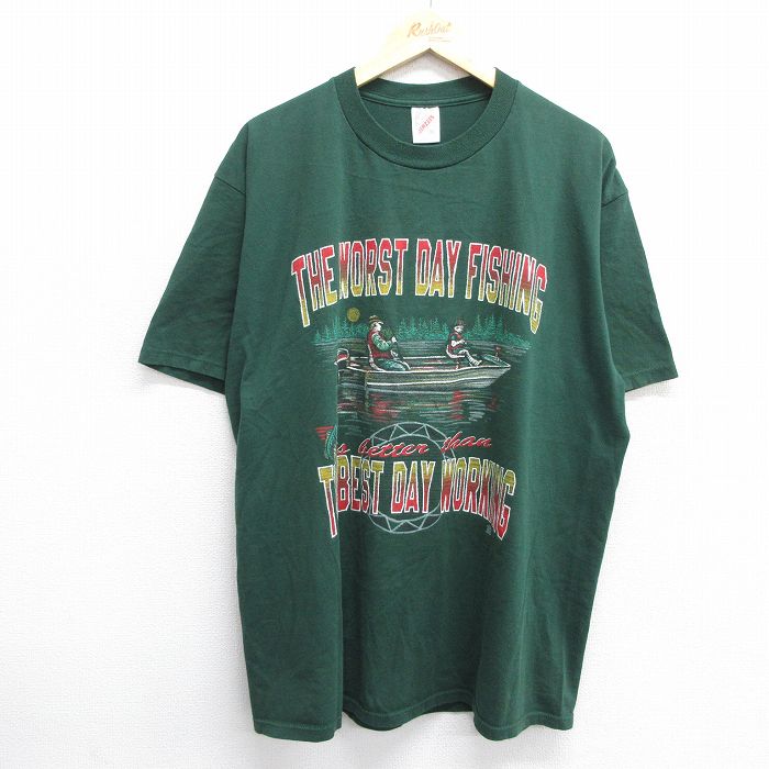 XL★古着 ジャージーズ 半袖 ビンテージ Tシャツ メンズ 90年代 90s 釣り コットン クルーネック USA製 緑 グリーン 25jun03 中古