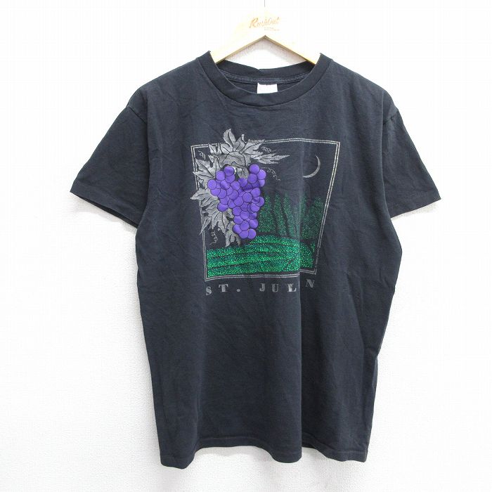 L★古着 半袖 ビンテージ Tシャツ メンズ 90年代 90s ブドウ セントジュリアン コットン クルーネック 黒 ブラック 25jun03 中古