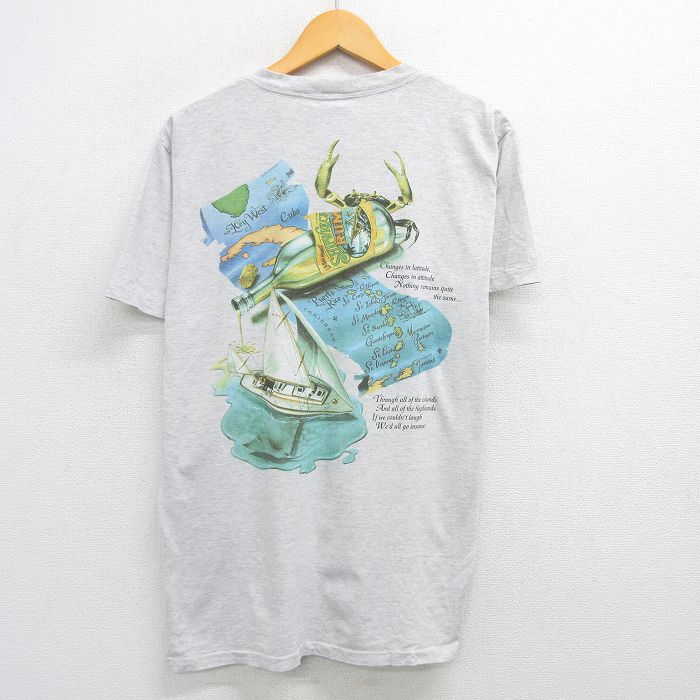 【50%OFF】L★古着 半袖 ビンテージ Tシャツ メンズ 90年代 90s 船 地図 コットン 売るUSA製 薄グレー 霜降り 25jun03 中古