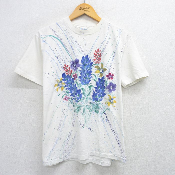 L★古着 ヘインズ Hanes 半袖 ビンテージ Tシャツ メンズ 80年代 80s 花 コットン クルーネック USA製 白 ホワイト 25jun03 中古