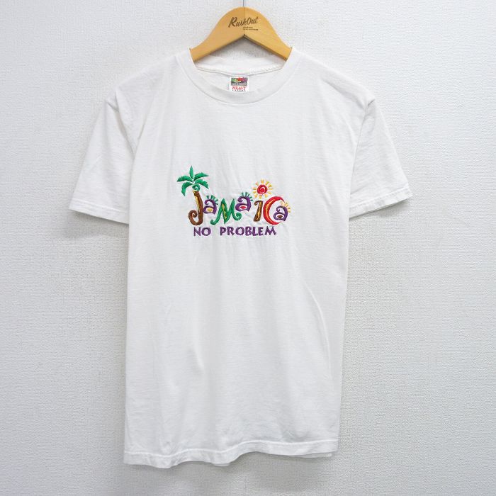 【50%OFF】L★古着 フルーツオブザルーム 半袖 ビンテージ Tシャツ メンズ 90年代 90s ジャマイカ 刺繍 コットン クルーネック 白 ホワイト 25jun03 中古
