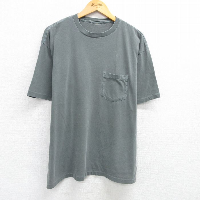 【50%OFF】XL★古着 半袖 ビンテージ Tシャツ メンズ 90年代 90s 無地 胸ポケット付き クルーネック 濃緑 グリーン 25jun03 中古
