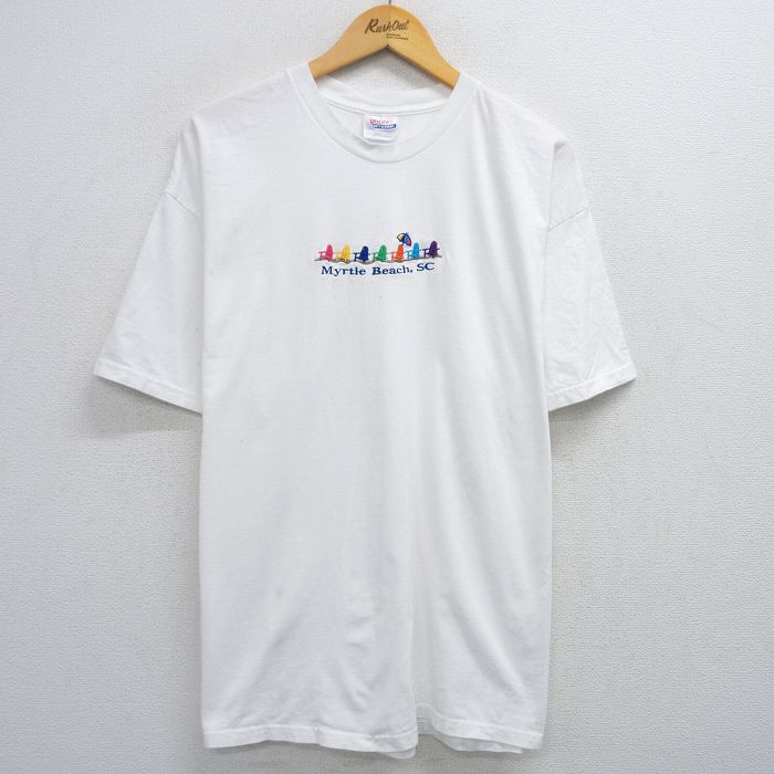 XL★古着 ヘインズ Hanes 半袖 ビンテージ Tシャツ メンズ 00年代 00s マートルビーチ イス 刺繍 大きいサイズ コットン クルーネック 白 ホワイト 25jun03 中古