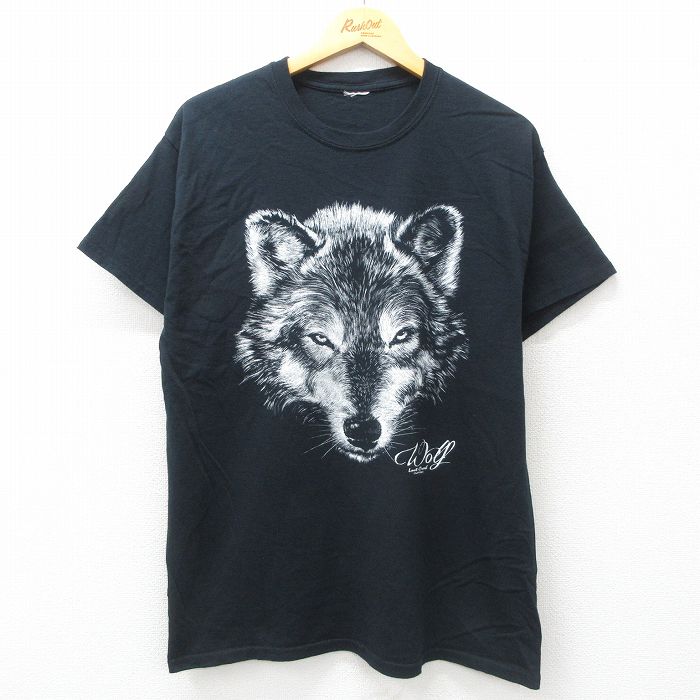 L★古着 半袖 ビンテージ Tシャツ メンズ 00年代 00s 狼 クルーネック 黒 ブラック 25jun03 中古