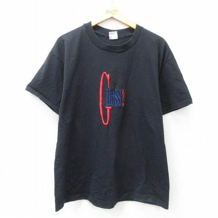 XL★古着 ゲス GUESS 半袖 ビンテージ Tシャツ メンズ 90年代 90s ビッグロゴ 刺繍 コットン クルーネック USA製 黒 ブラック 【spe】 25jun03 中古