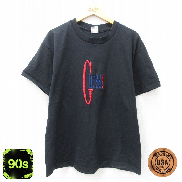 【50%OFF】ゲス 90s 半袖Tシャツ ビッグロゴ刺繍 ブラック XL | 古着