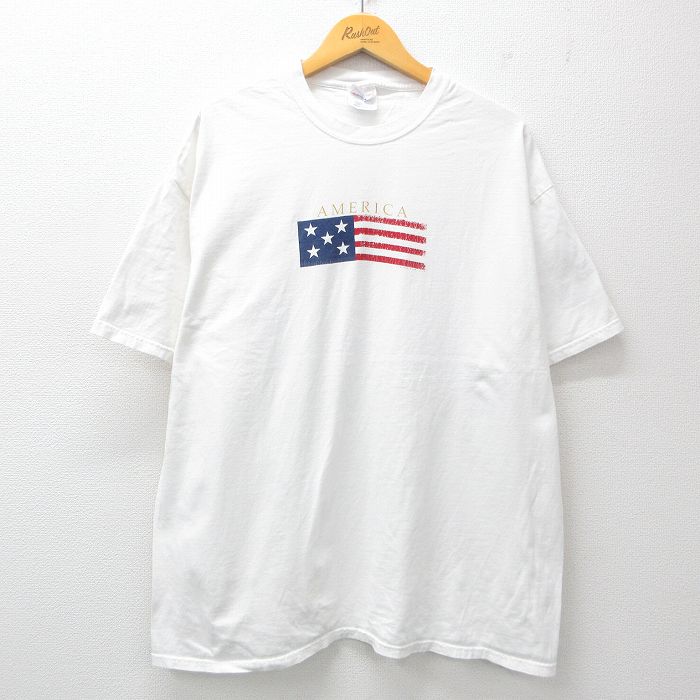 【50%OFF】XL★古着 ヘインズ Hanes 半袖 ビンテージ Tシャツ メンズ 00年代 00s 星条旗 アメリカ 大きいサイズ コットン クルーネック 白 ホワイト 25jun03 中古