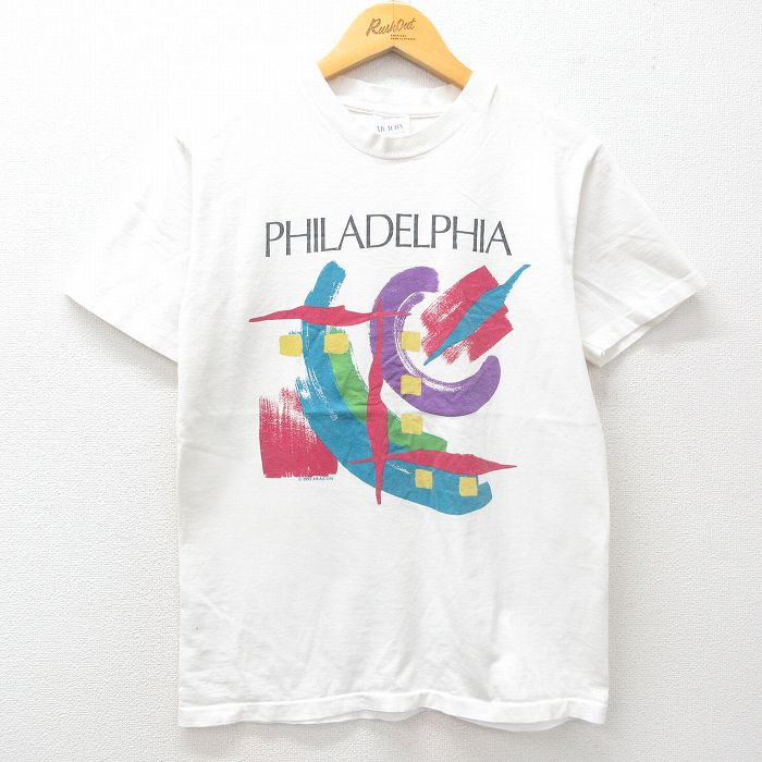 M★古着 半袖 ビンテージ Tシャツ メンズ 90年代 90s フィラデルフィア コットン クルーネック USA製 白 ホワイト 25jun03 中古