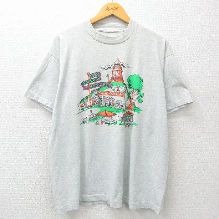 XL★古着 半袖 ビンテージ Tシャツ メンズ 90年代 90s Rabbit Run 企業広告 クルーネック 薄グレー 霜降り 25jun03 中古