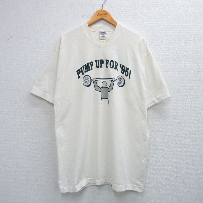 XL★古着 フルーツオブザルーム 半袖 ビンテージ Tシャツ メンズ 90年代 90s PUMP UP GEOSERVE ロング丈 コットン クルーネック USA製 白 ホワイト 25jun03 中古