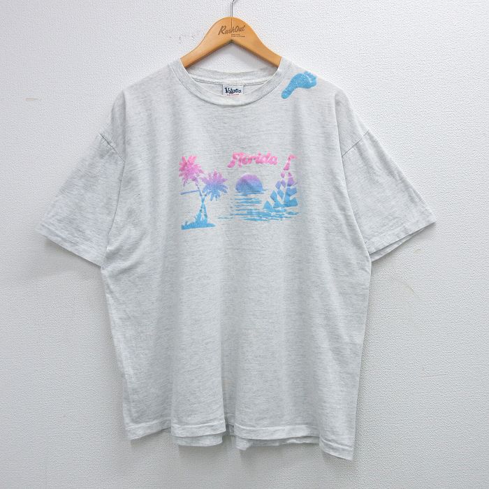 XL★古着 半袖 ビンテージ Tシャツ メンズ 90年代 90s フロリダ ヤシの木 ヨット 大きいサイズ コットン クルーネック USA製 薄グレー 霜降り 25jun03 中古