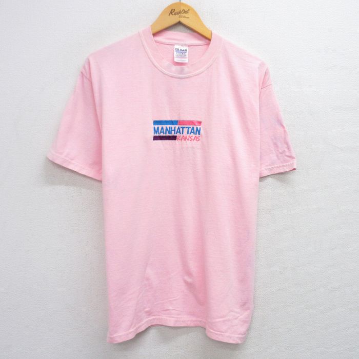 L★古着 半袖 ビンテージ Tシャツ メンズ 00年代 00s マンハッタン カンザス 刺繍 コットン クルーネック ピンク 25jun04 中古