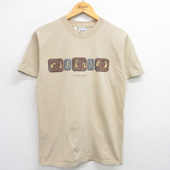 M★古着 半袖 ビンテージ Tシャツ メンズ 90年代 90s ココペリ族 コットン クルーネック ベージュ カーキ 25jun04 中古