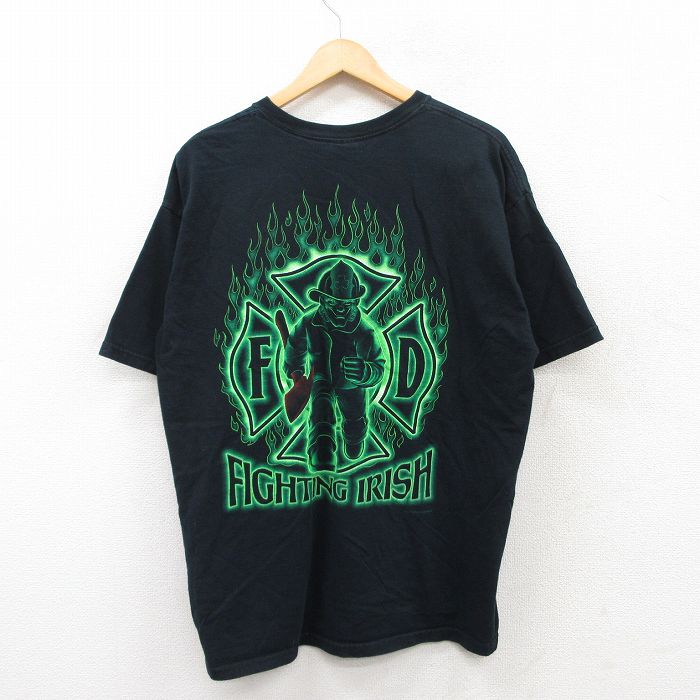 XL★古着 半袖 ビンテージ Tシャツ メンズ 00年代 00s 消防士 アイリッシュ コットン クルーネック 黒 ブラック 25jun04 中古