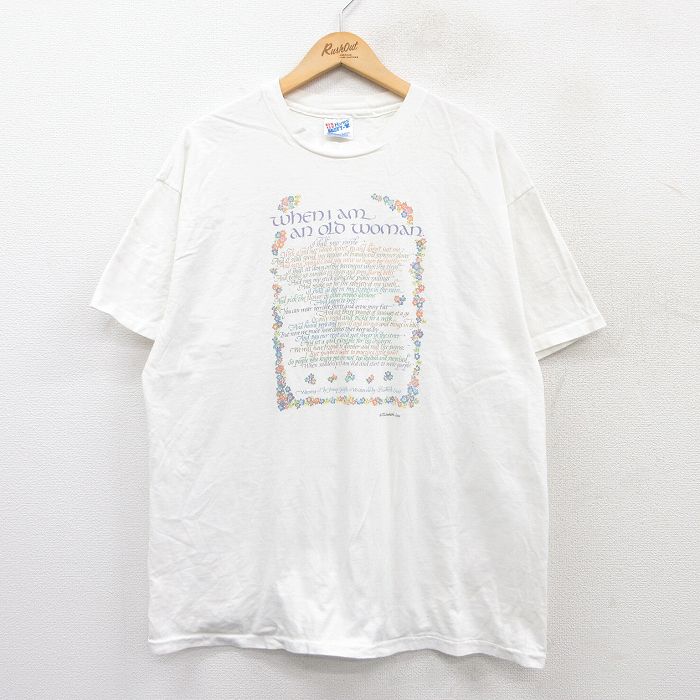 XL★古着 ヘインズ Hanes 半袖 ビンテージ Tシャツ メンズ 90年代 90s メッセージ 花 コットン クルーネック USA製 白 ホワイト 25jun04 中古