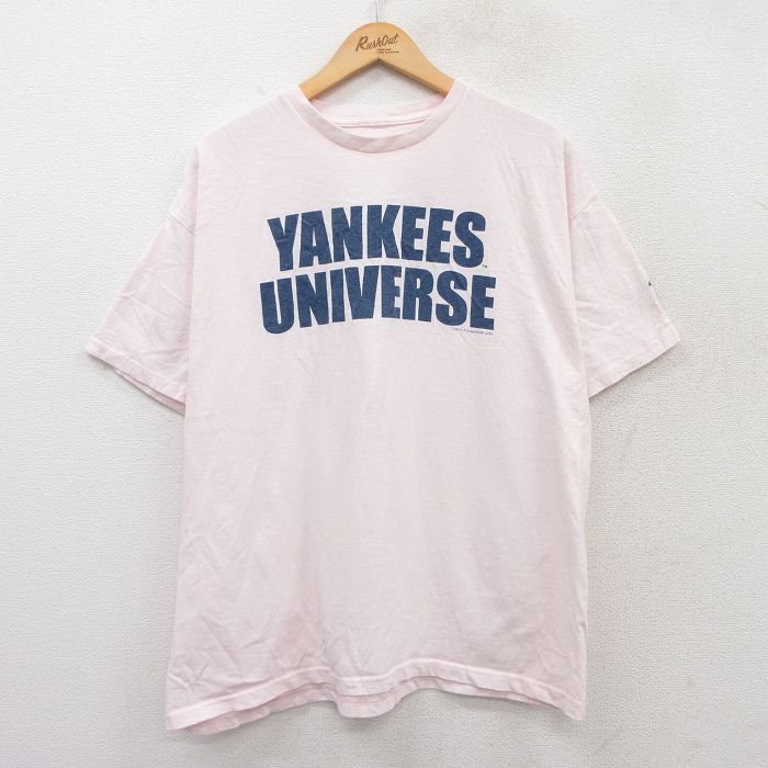 XL★古着 半袖 ビンテージ Tシャツ メンズ 00年代 00s MLB ニューヨークヤンキース クルーネック 薄ピンク メジャーリーグ ベースボール 野球 25jun04 中古
