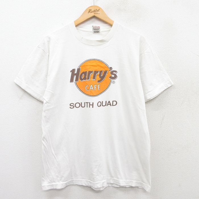 L★古着 フルーツオブザルーム 半袖 ビンテージ Tシャツ メンズ 90年代 90s Harrys カフェ SOUTHQUAD コットン クルーネック USA製 白 ホワイト 25jun04 中古
