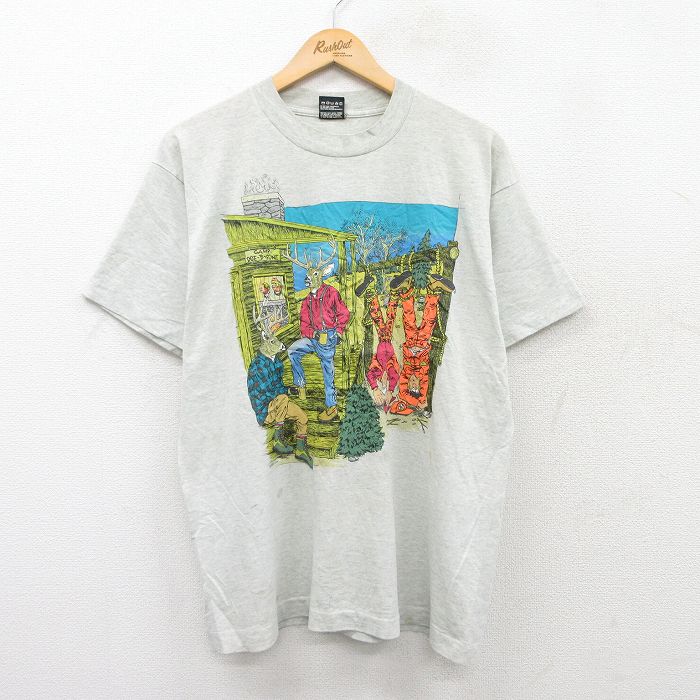 L★古着 フルーツオブザルーム 半袖 ビンテージ Tシャツ メンズ 90年代 90s シカ クルーネック USA製 薄グレー 霜降り 25jun04 中古