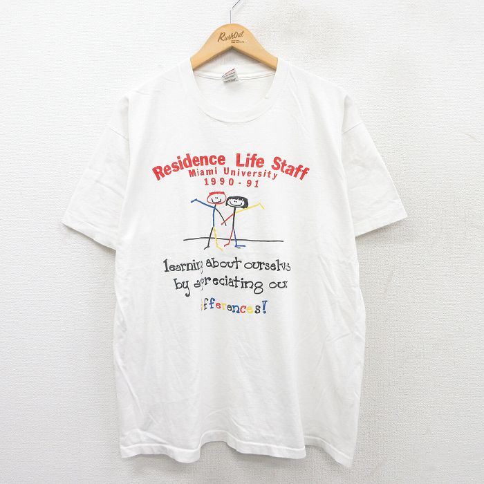 XL★古着 フルーツオブザルーム 半袖 ビンテージ Tシャツ メンズ 90年代 90s 棒人間 メッセージ コットン クルーネック USA製 白 ホワイト 25jun04 中古